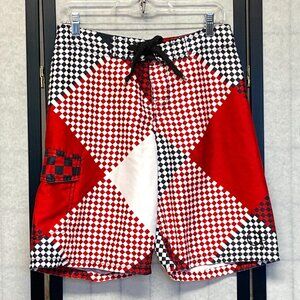 Board Short Swim Trunks 20” Checkerboard Red Black White 30 Ocean Pacific